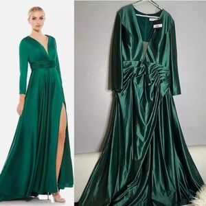 Mac Duggal Emerald Green Long Sleeve Satin V-Neck Evening Gown